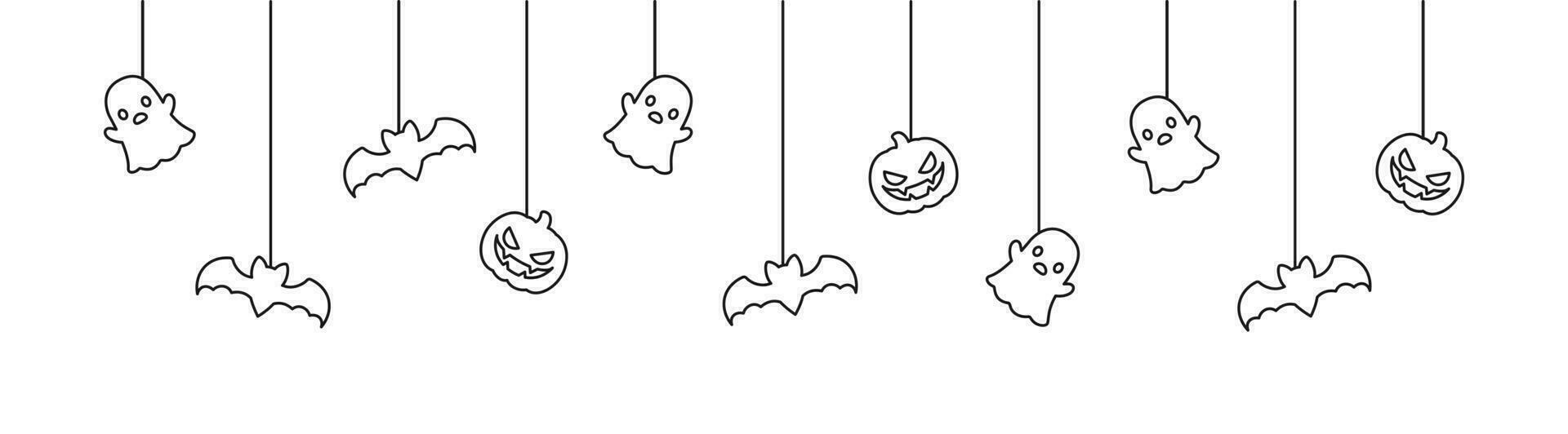 glücklich Halloween Banner oder Rand mit Fledermäuse, Geist und Jack Ö Laterne Kürbisse Gliederung Gekritzel. hängend gespenstisch Ornamente Dekoration Vektor Illustration, Trick oder behandeln Party Einladung