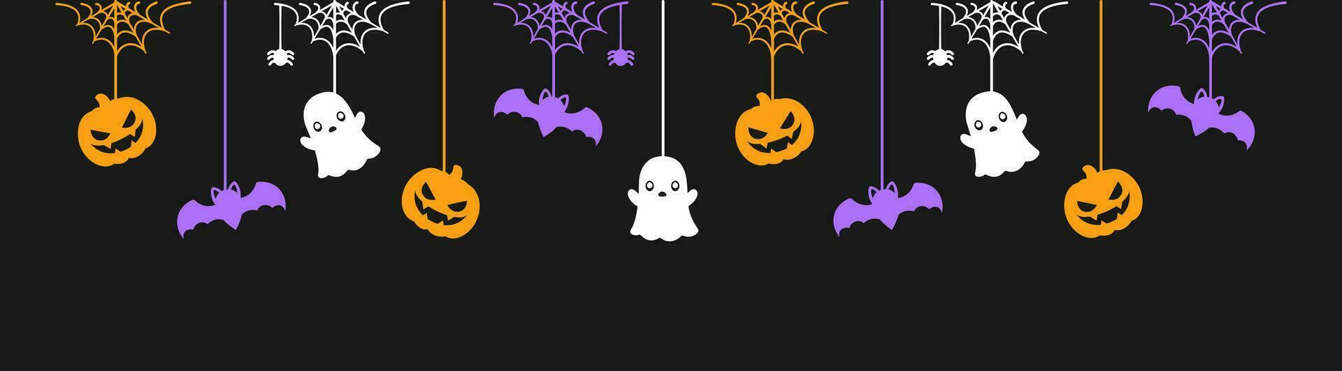 glücklich Halloween Banner oder Rand mit glühend Fledermäuse, Geist und Jack Ö Laterne Kürbisse. hängend gespenstisch Ornamente Dekoration Vektor Illustration, Trick oder behandeln Party Einladung