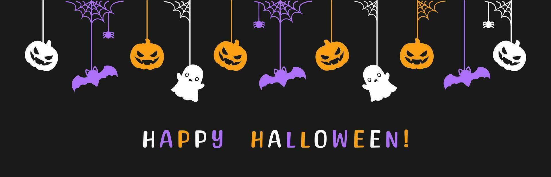 glücklich Halloween Banner oder Rand mit glühend Fledermäuse, Geist und Jack Ö Laterne Kürbisse. hängend gespenstisch Ornamente Dekoration Vektor Illustration, Trick oder behandeln Party Einladung