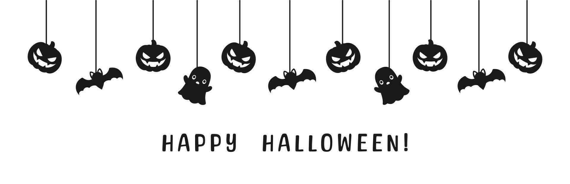 glücklich Halloween Banner oder Rand mit schwarz Fledermäuse, Geist und Jack Ö Laterne Kürbisse Silhouette. hängend gespenstisch Ornamente Dekoration Vektor Illustration, Trick oder behandeln Party Einladung