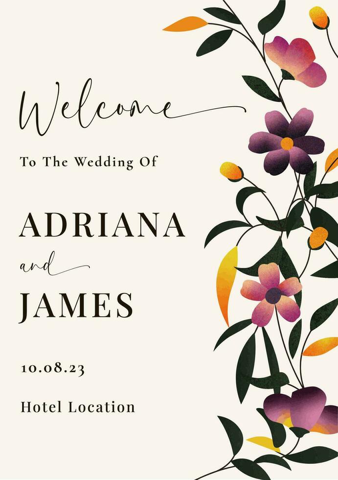 Hochzeit herzlich willkommen Beschilderung mit Blumen- Hintergrund vektor