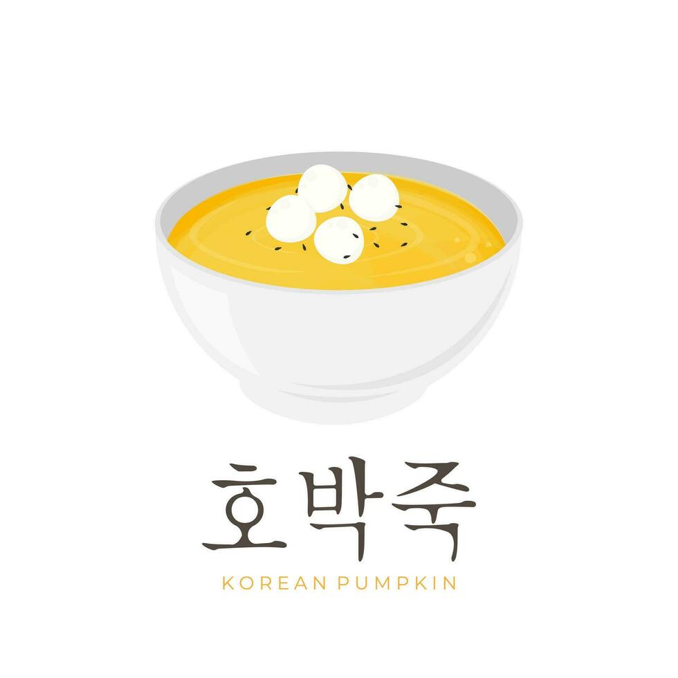 hobakjuk Koreanisch Kürbis Haferbrei Illustration Logo mit Reis Kuchen Belag im ein Schüssel vektor