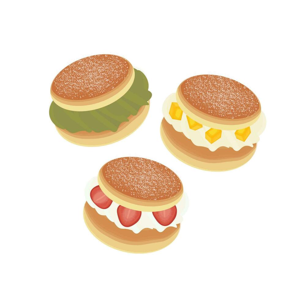 logotyp illustration av koreanska mjölk grädde munkar med matcha mango och jordgubb smak vektor