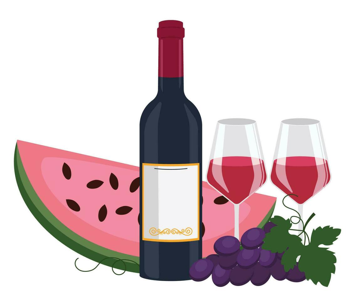 Flasche von rot Wein, Wein im Gläser, Wassermelone und Traube. Vektor Grafik.