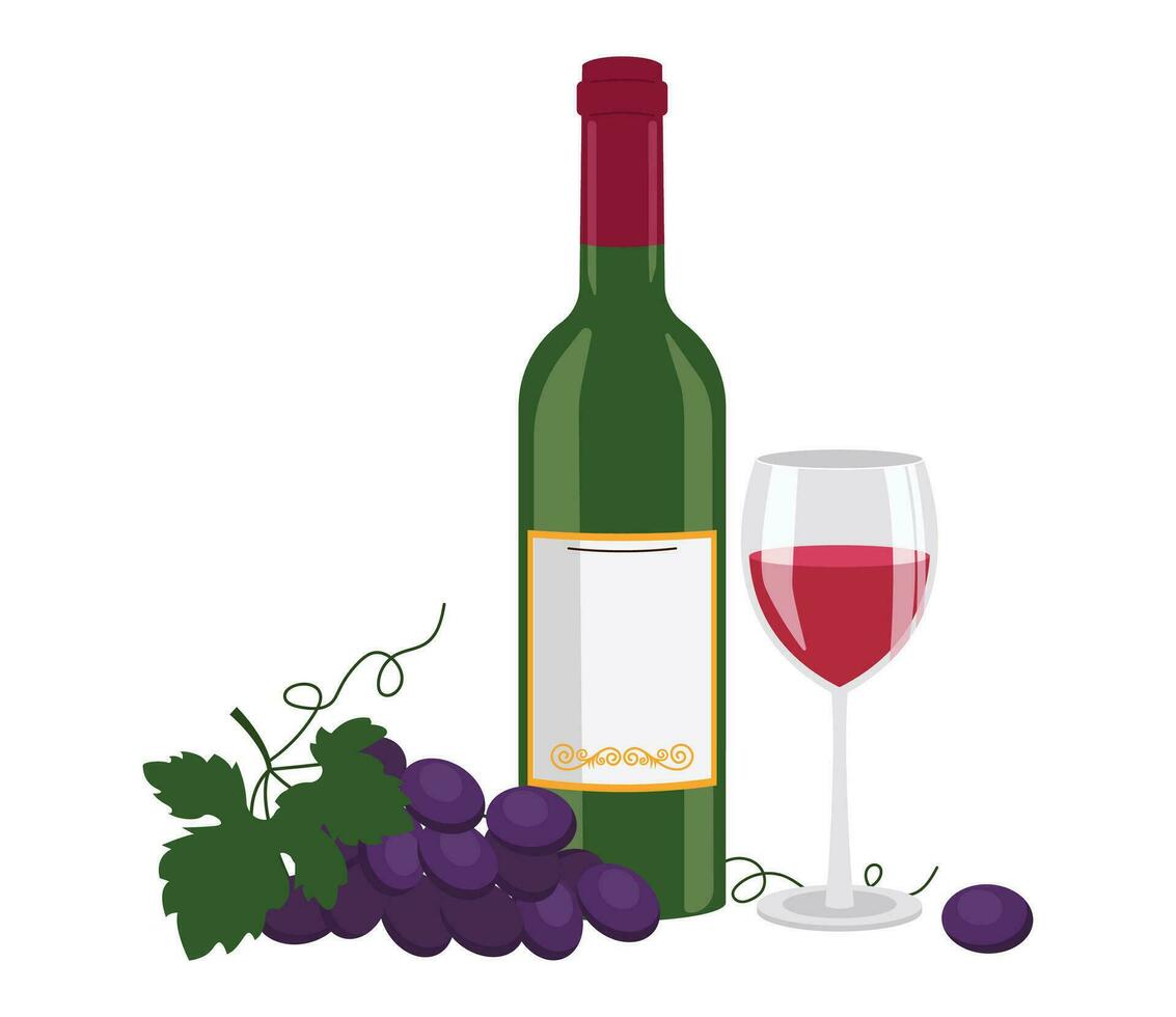 flaska av röd vin, vin i glasögon och druva. vektor grafisk.