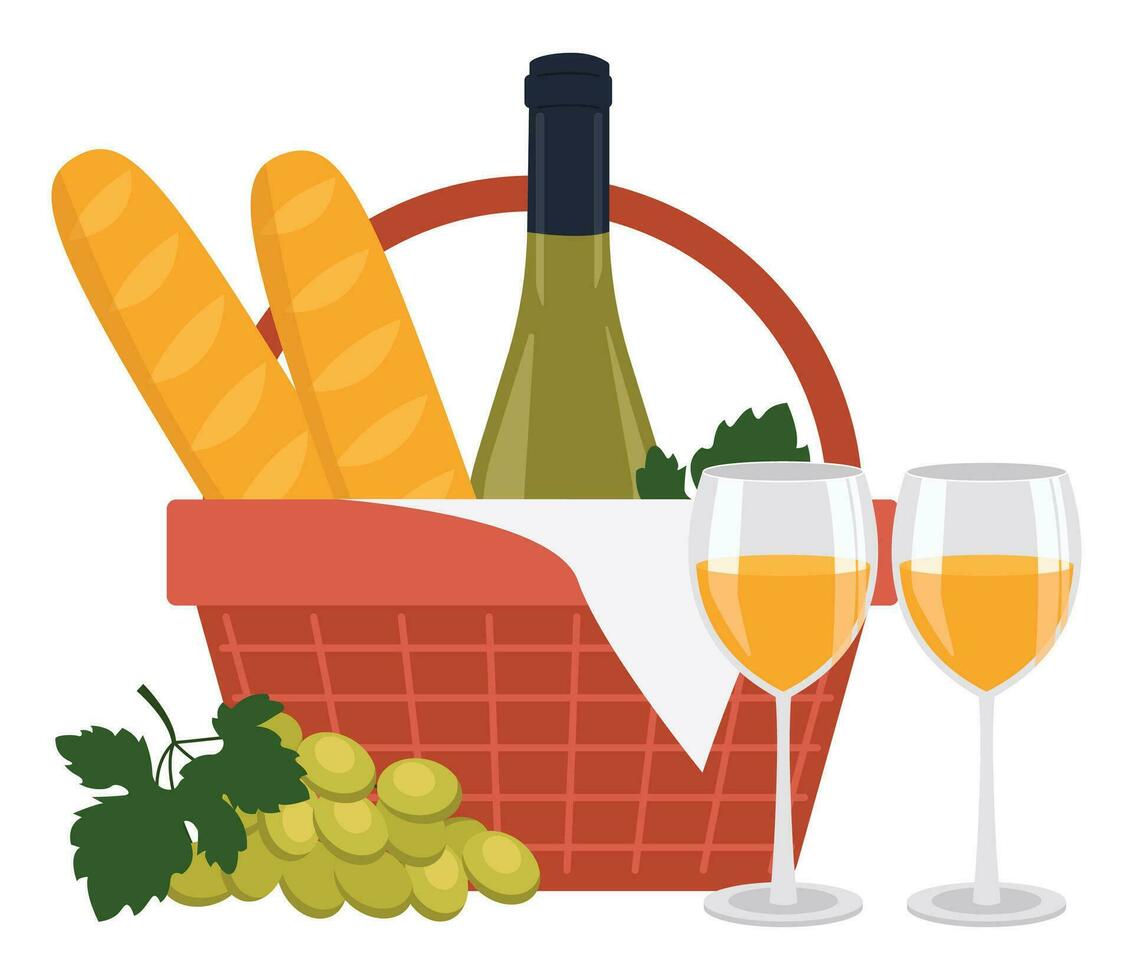 Flasche von Weiß Wein, Wein im Gläser, Baguette, Traube und ein Picknick Korb. Vektor Grafik.