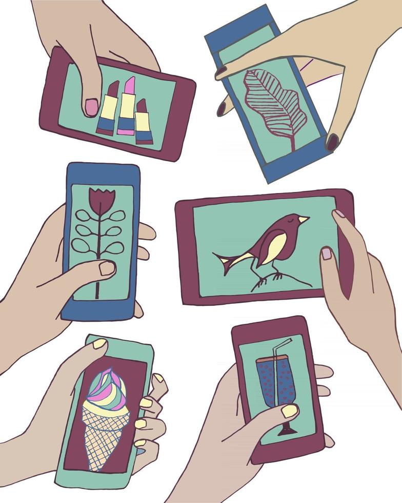 Hände halten Smartphones mit verschiedenen Bildern. Vektor-Illustration vektor