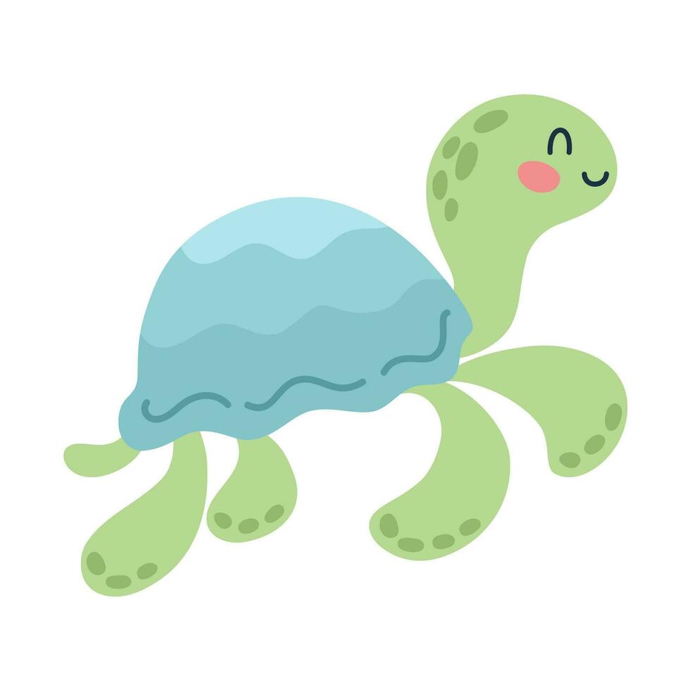 Karikatur glücklich Baby Schildkröte auf isoliert Weiß Hintergrund. Charakter von das Meer Tiere zum das Logo, Maskottchen, Design. Vektor Illustration