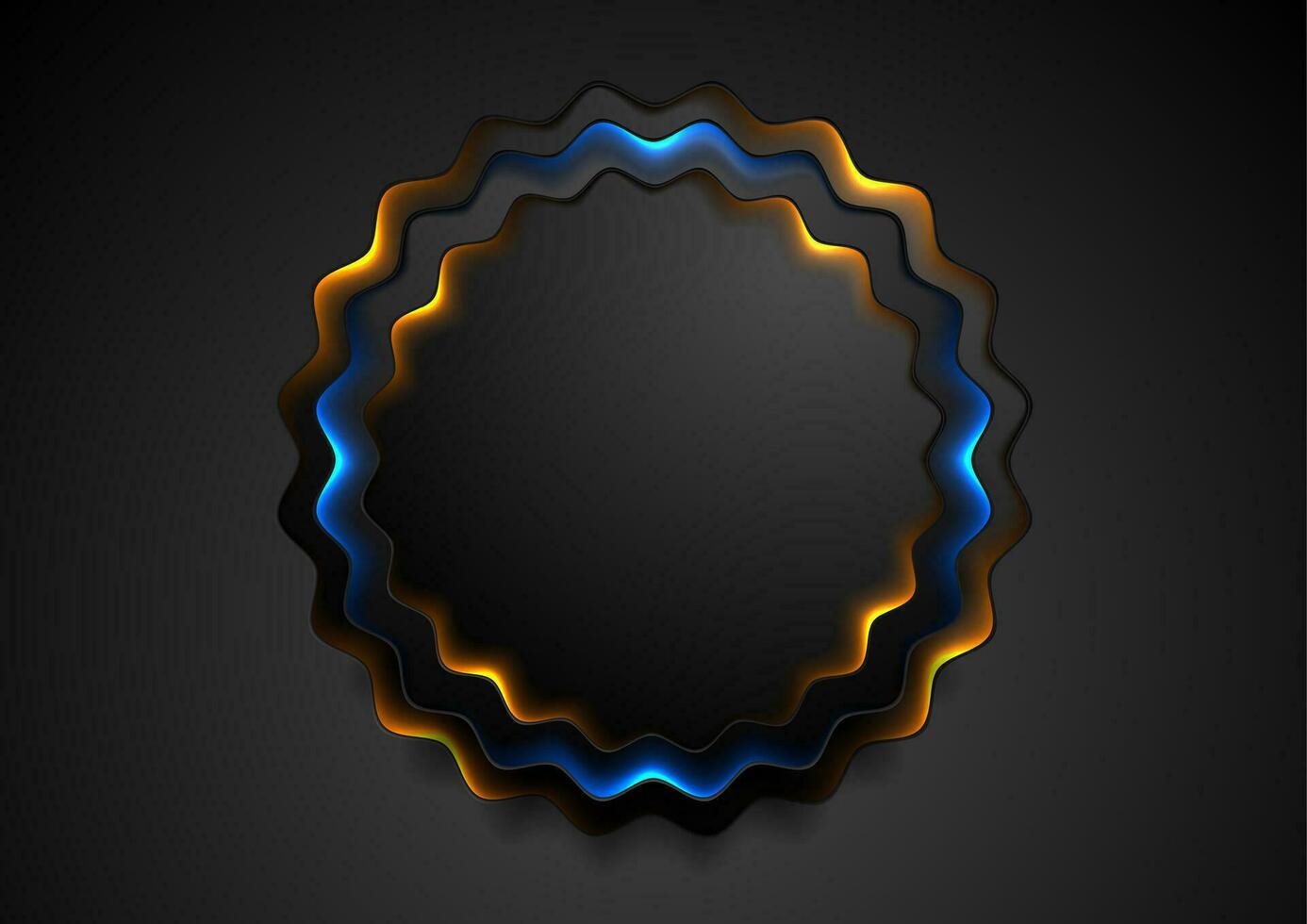 schwarz wellig Kreis Abzeichen mit glühend Neon- Licht Hintergrund vektor
