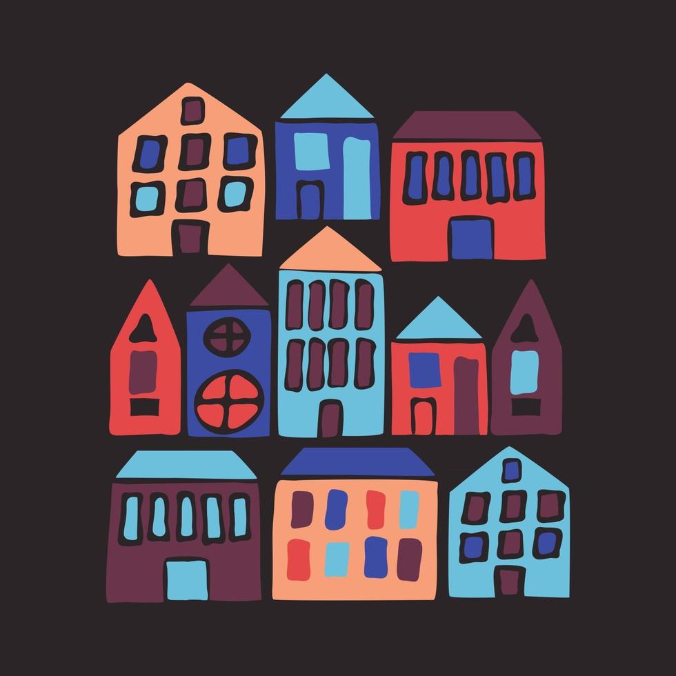 handgezeichnete flache Häuser. Vektor-Illustration mit Cartoon-Stadt. vektor