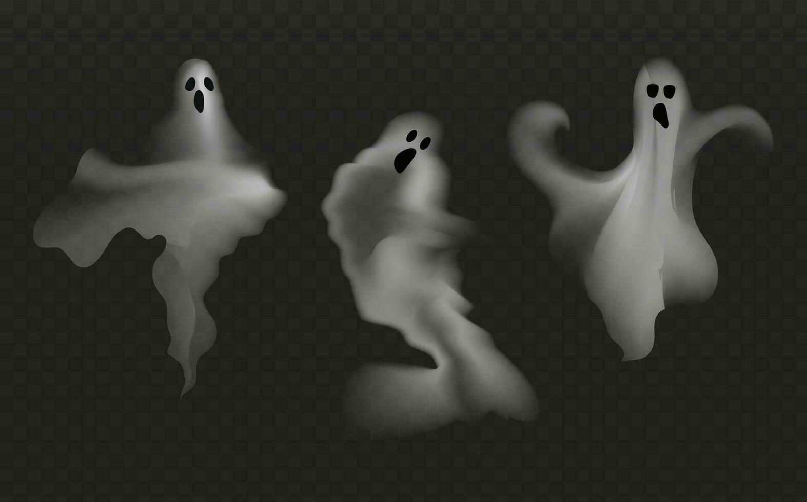 uppsättning av realistisk skrämmande flygande spöken.läskigt ghouls och vampyrer.läskigt fantomer baner vektor.3d rök, dimma ser anda på natt.den huvud symboler av halloween. vektor