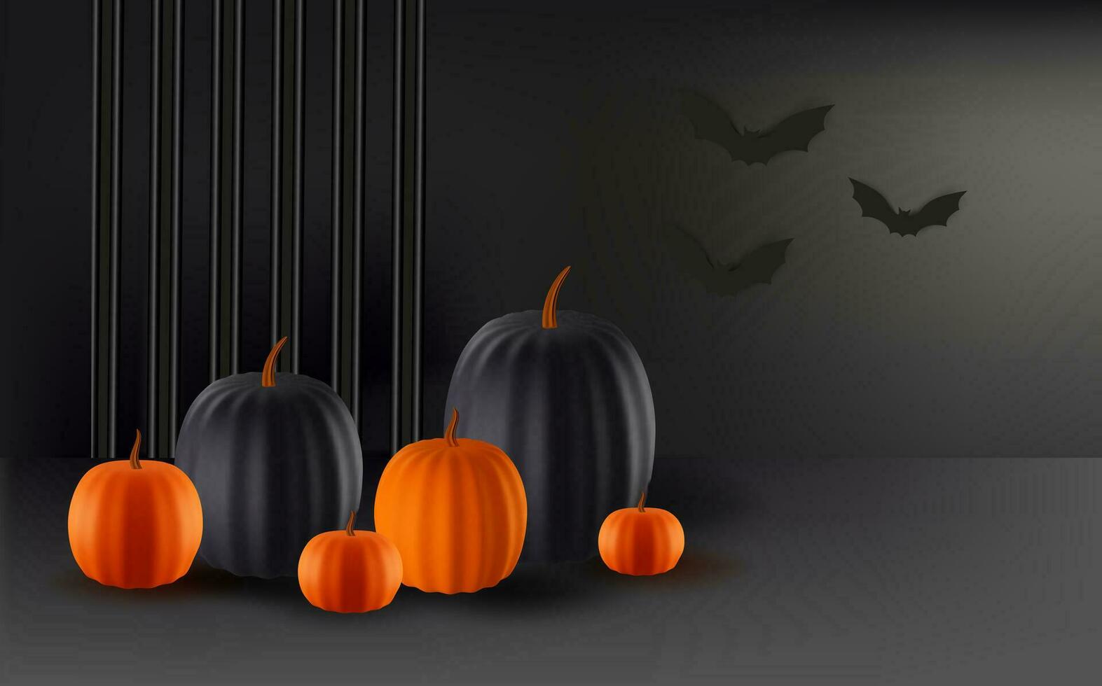 festlig halloween bakgrund dekorerad med färgrik pumpor med podium.minimal realistisk 3d design skede piedestal. vektor