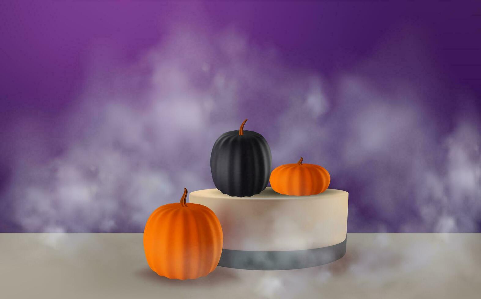 festlig halloween bakgrund dekorerad med färgrik pumpor med podium.minimal realistisk 3d design skede piedestal. vektor