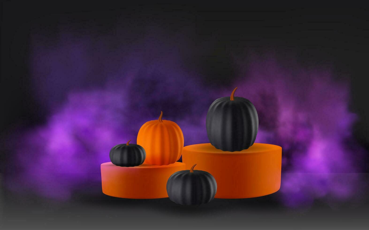 festlig halloween bakgrund dekorerad med färgrik pumpor med podium.minimal realistisk 3d design skede piedestal. vektor