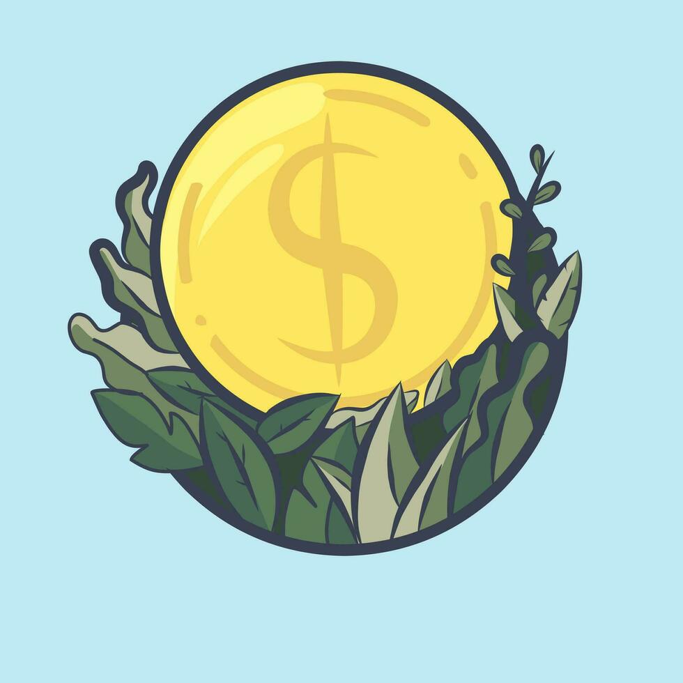 Dollar Münze Vektor Illustration mit Grün Pflanze Blatt Ornament und Blau Hintergrund