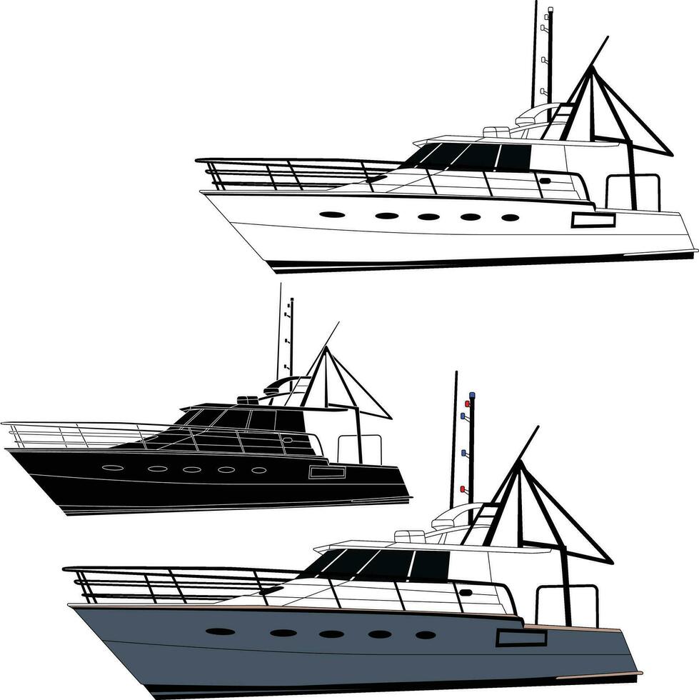 Yacht Vektor, Boot Vektor, Angeln Boot Vektor Linie Kunst Illustration und einer Farbe.