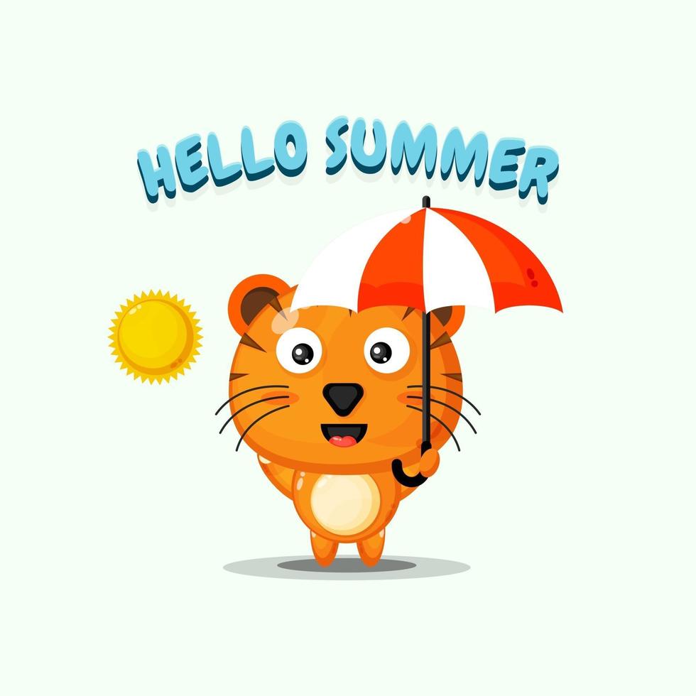 söt tiger bärande paraply med sommarhälsningar vektor