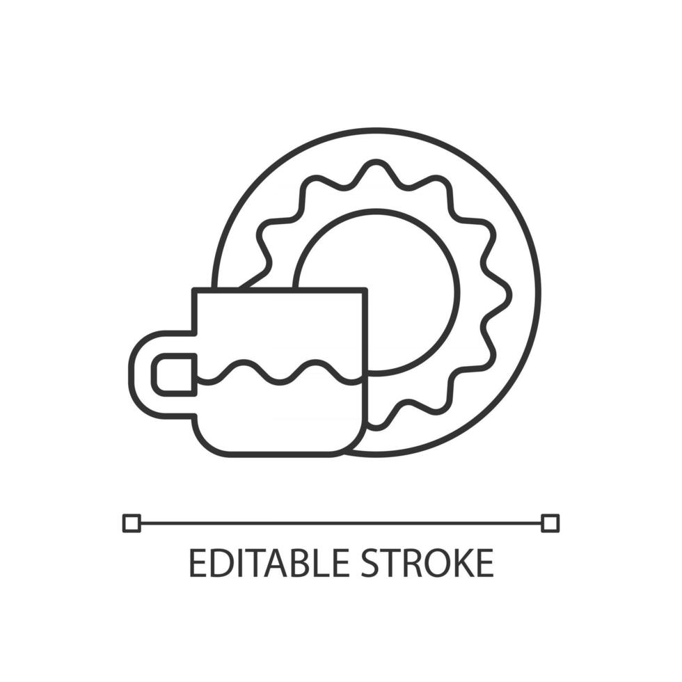 Tasse und Untertasse stellen lineares Symbol ein. Esszubehör für Teeparty. Behälter für heiße Flüssigkeiten. dünne Linie anpassbare Illustration. Kontursymbol. Vektor isolierte Umrisszeichnung. bearbeitbarer Strich