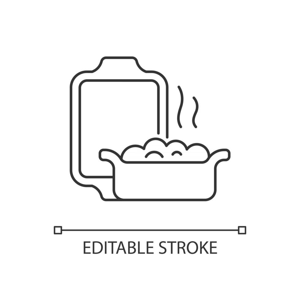 Lineare Ikone der keramischen Ofenschale. spezielles Material für hohe Temperaturen. Küchenausstattung. dünne Linie anpassbare Illustration. Kontursymbol. Vektor isolierte Umrisszeichnung. bearbeitbarer Strich