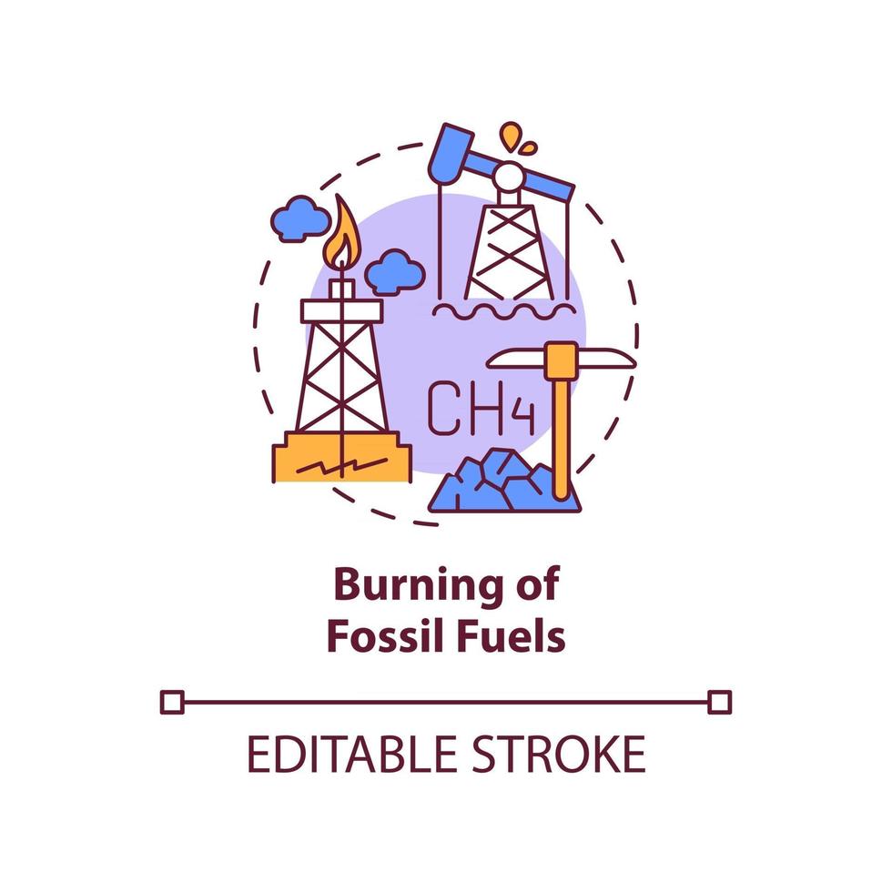 Symbol für das Konzept der Verbrennung fossiler Brennstoffe. menschliche kohlenstoffemissionen verursachen abstrakte ideen dünne liniendarstellung. Verbrennung von Öl, Erdgas und Kohle. Vektor isolierte Umriss-Farbzeichnung. bearbeitbarer Strich