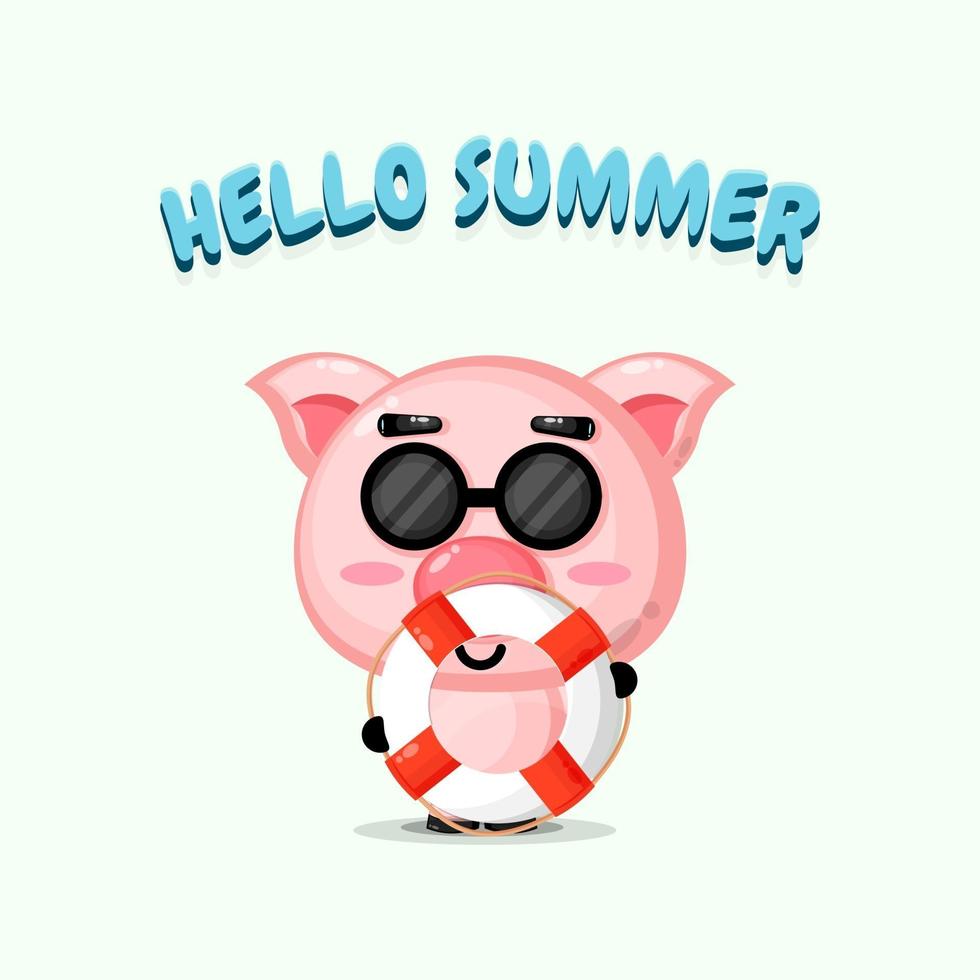 süßes Schweinchen trägt einen Wagen mit Sommergrüßen vektor
