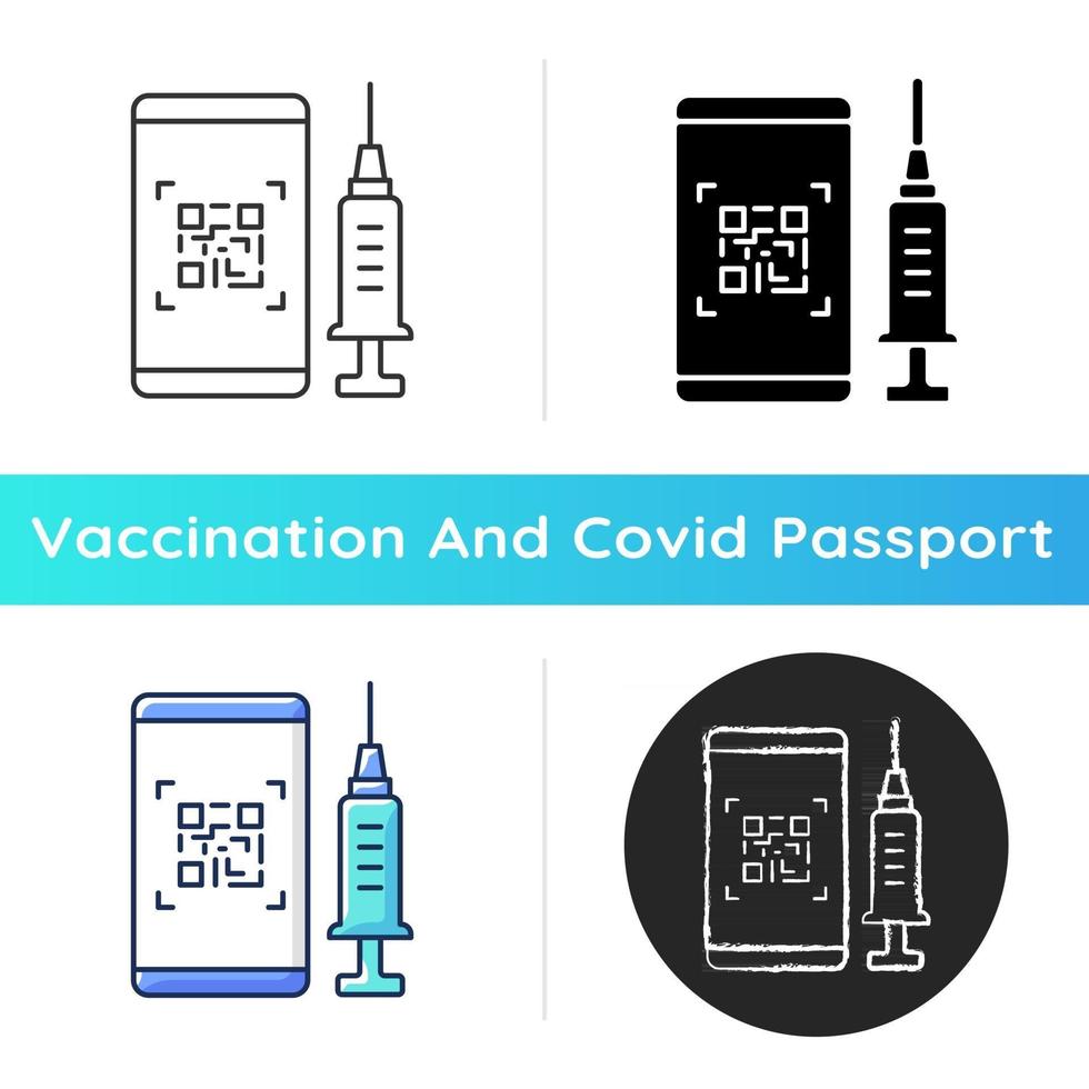 QR-Code für das Impfsymbol. Smartphone-Pass für geimpfte Touristen. Handy-ID für die Covid-Behandlung. Gesundheitsversorgung, Medizin. lineare Schwarz- und RGB-Farbstile. isolierte vektorillustrationen vektor