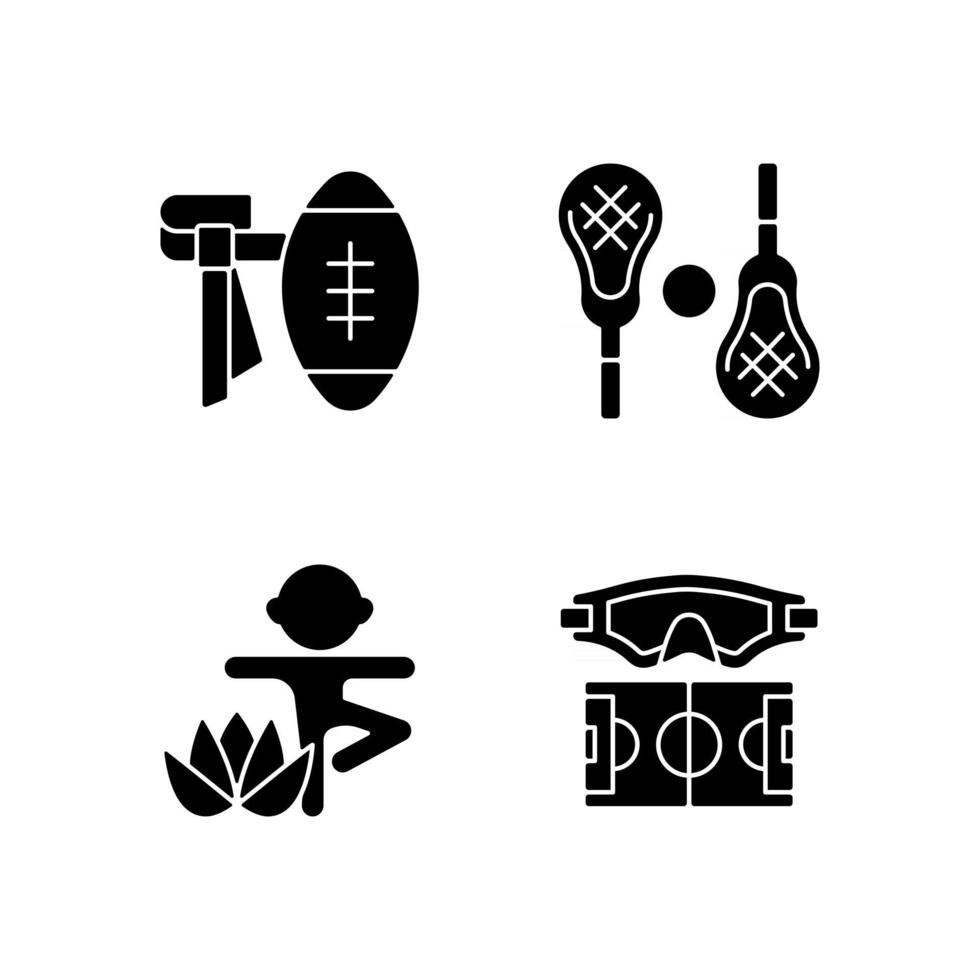 sommarläger aktiviteter svart glyph ikoner som på vitt utrymme. flaggfotboll. lacrosse. barn yoga. vattenpolo. kontaktfri sport. kroppsövning. silhuett symboler. vektor isolerad illustration