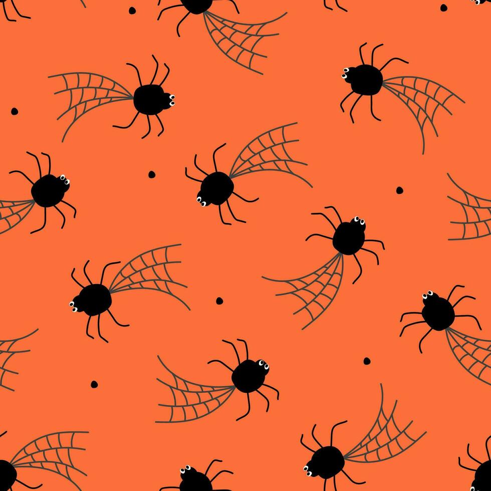 sömlös mönster med spindlar vävning en webb. halloween skriva ut med skrämmande insekter. vektor grafik.