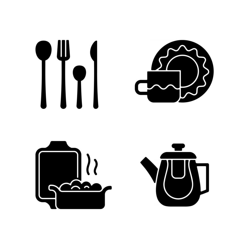 Abendessenzubehör schwarze Glyphensymbole auf weißem Raum. Teekanne aus gehärtetem Doppelglas für heiße Flüssigkeiten. Ofenform aus Keramik. auf und untertasse gesetzt. Silhouette-Symbole. isolierte Vektorgrafik vektor