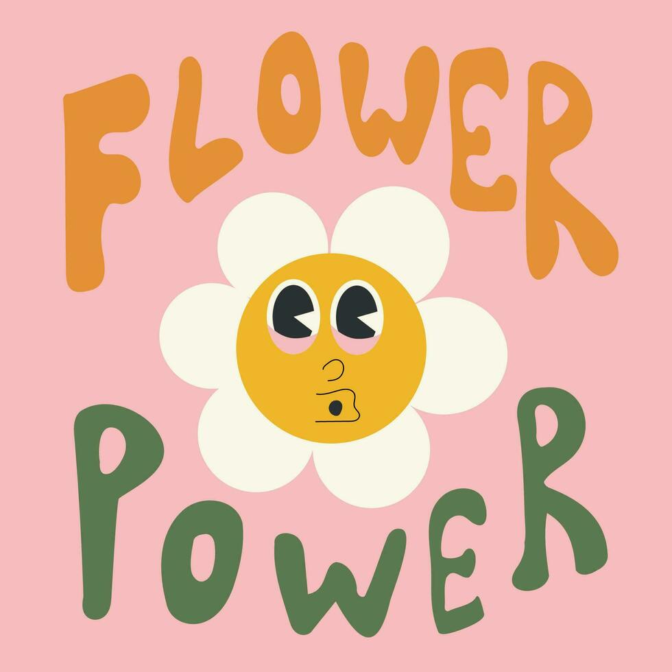 60-70er retro groovig Slogan Blume Leistung drucken mit Gänseblümchen Blume . Vektor Illustration auf Rosa Hintergrund. retro Stiker Gänseblümchen und groovig Beschriftung