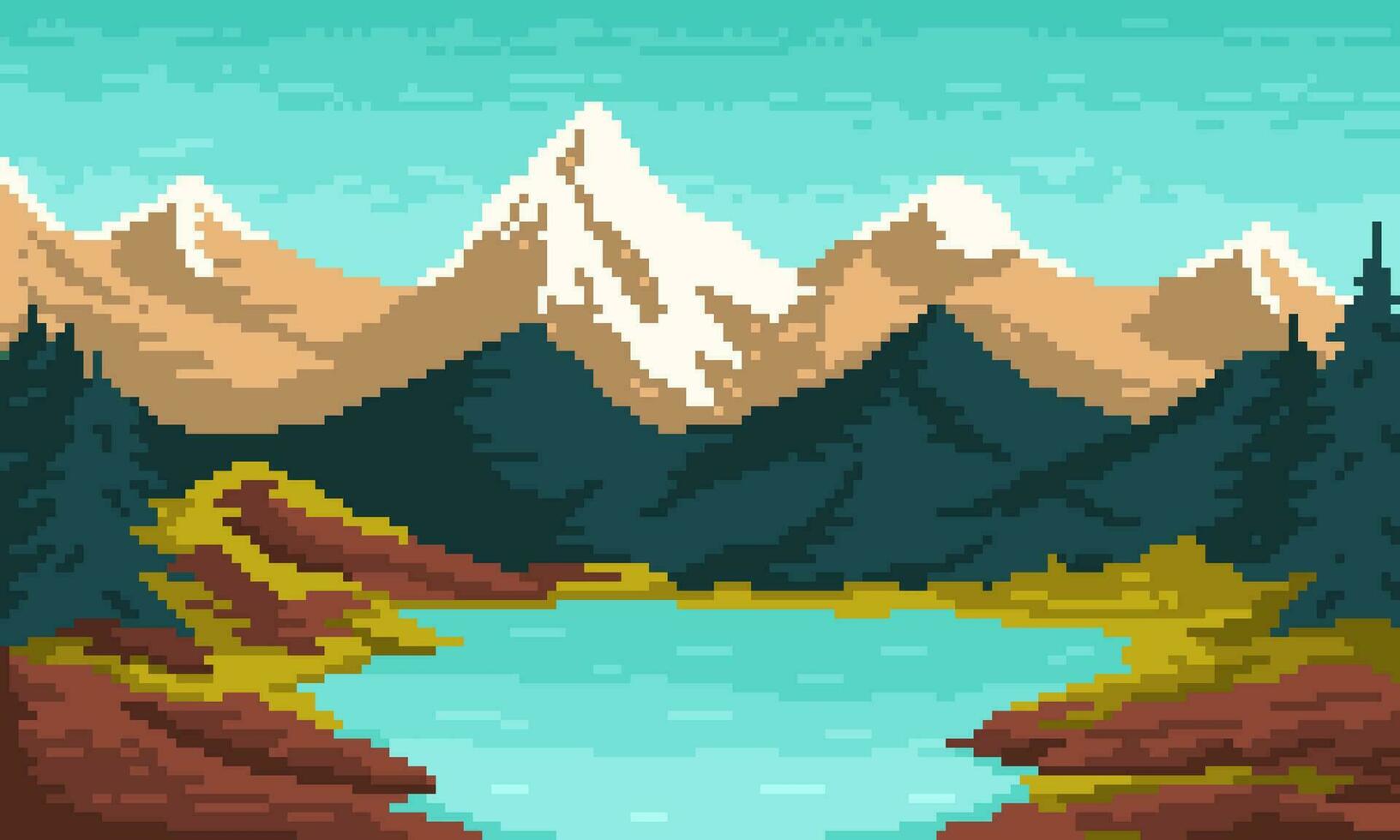 Berg Pixel See mit Wald Hintergrund. bunt natürlich 8 Bit Landschaft mit malerisch Bäume und Blau Himmel mit Vektor Wolken