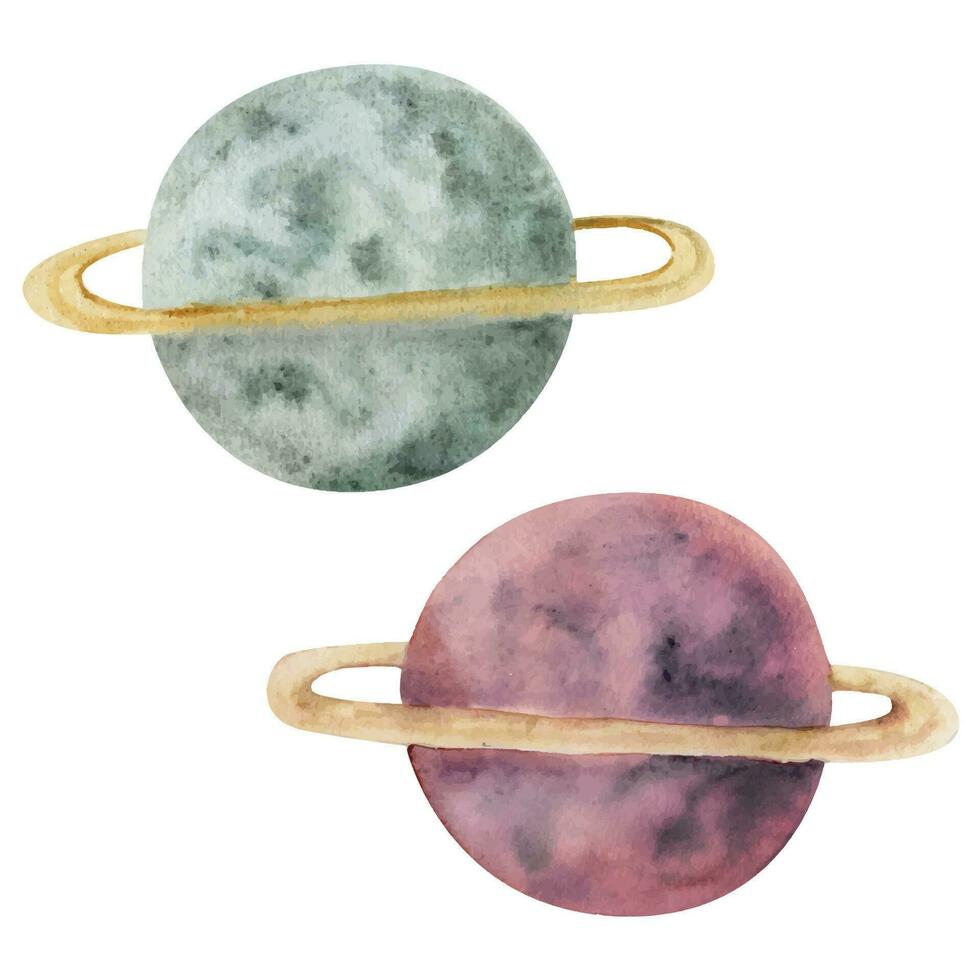 Aquarell Hand gezeichnet Illustration, magisch Kosmos Universum Artikel, lila und grau Saturn Planeten mit Ring. Single Objekt isoliert auf Weiß Hintergrund. zum Kinder Kinder Schlafzimmer, Stoff, Bettwäsche drucken vektor