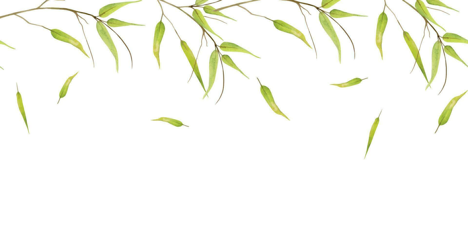 hand dragen vattenfärg gul grön bambu löv på gren. naturlig växt. botanisk illustration isolerat objekt sömlös gräns på vit bakgrund. för affär logotyp skriva ut, hemsida, kort, häfte. vektor