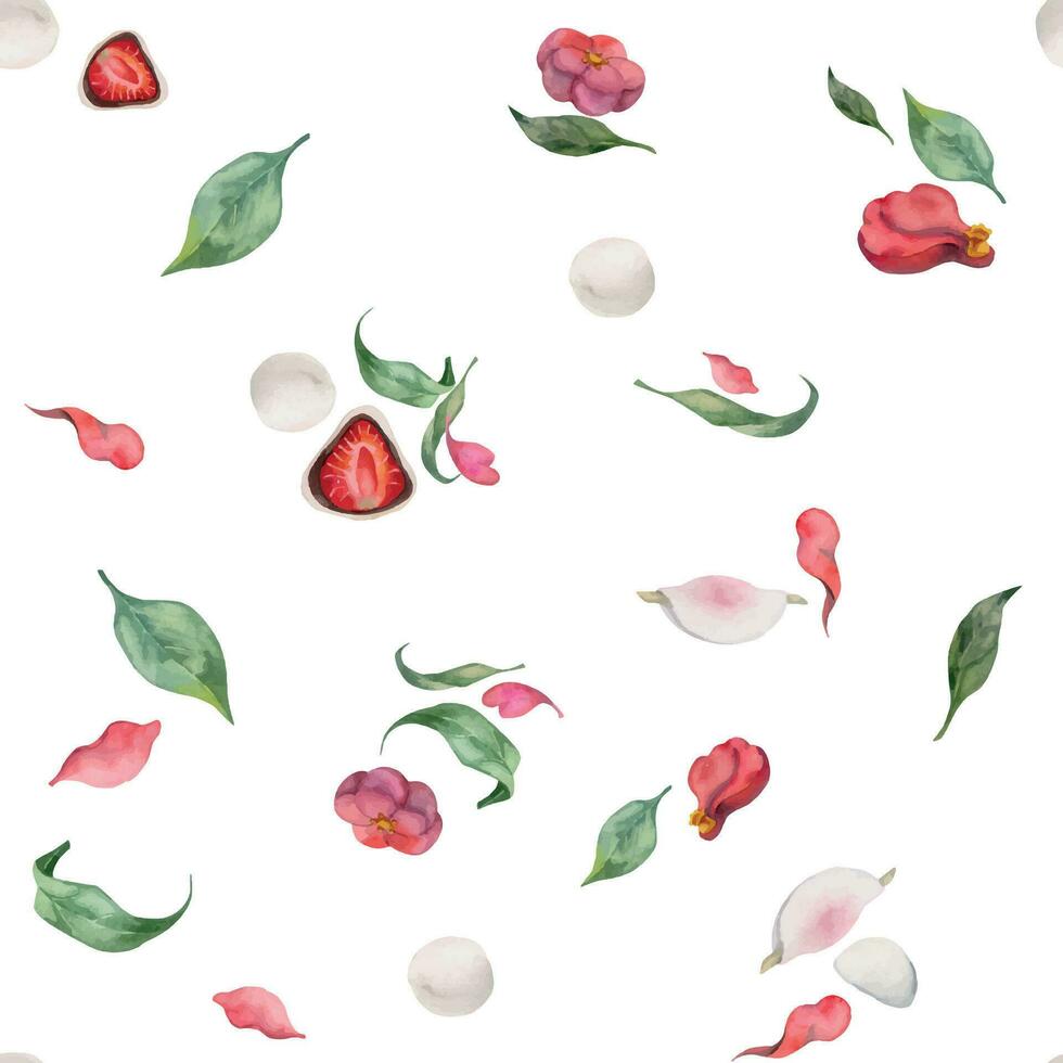 Aquarell nahtlos Muster mit Hand gezeichnet traditionell japanisch Süßigkeiten. wagashi, mochi, Kamelie Blumen. isoliert auf Weiß Hintergrund. Einladungen, Restaurant Speisekarte, Gruß Karten, drucken, Textil- vektor