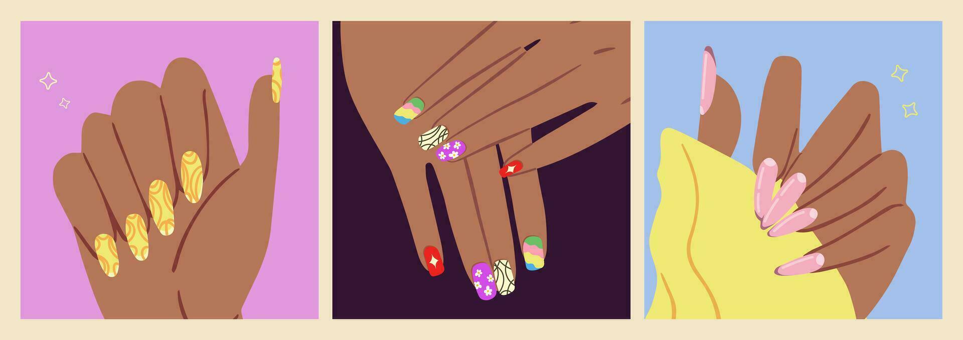 kvinna hand med välskött spikar. hand med ljus Häftigt färgrik manikyr. uppsättning av skönhet begrepp. naglar design. hand dragen färgad modern vektor illustrationer