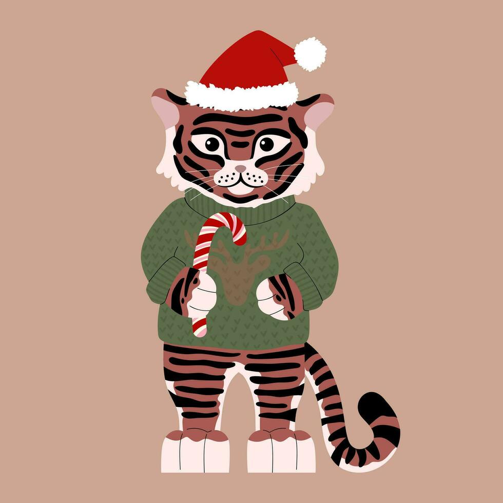 gezeichnet süß Tiger im ein Sweatshirt mit ein Hirsch und ein Weihnachten Hut halten ein Lutscher im seine Pfoten. eben Illustration im modern Stil. Jahr von das Tiger. Kinder- Stil. zum Weihnachten Karten, Plakate vektor