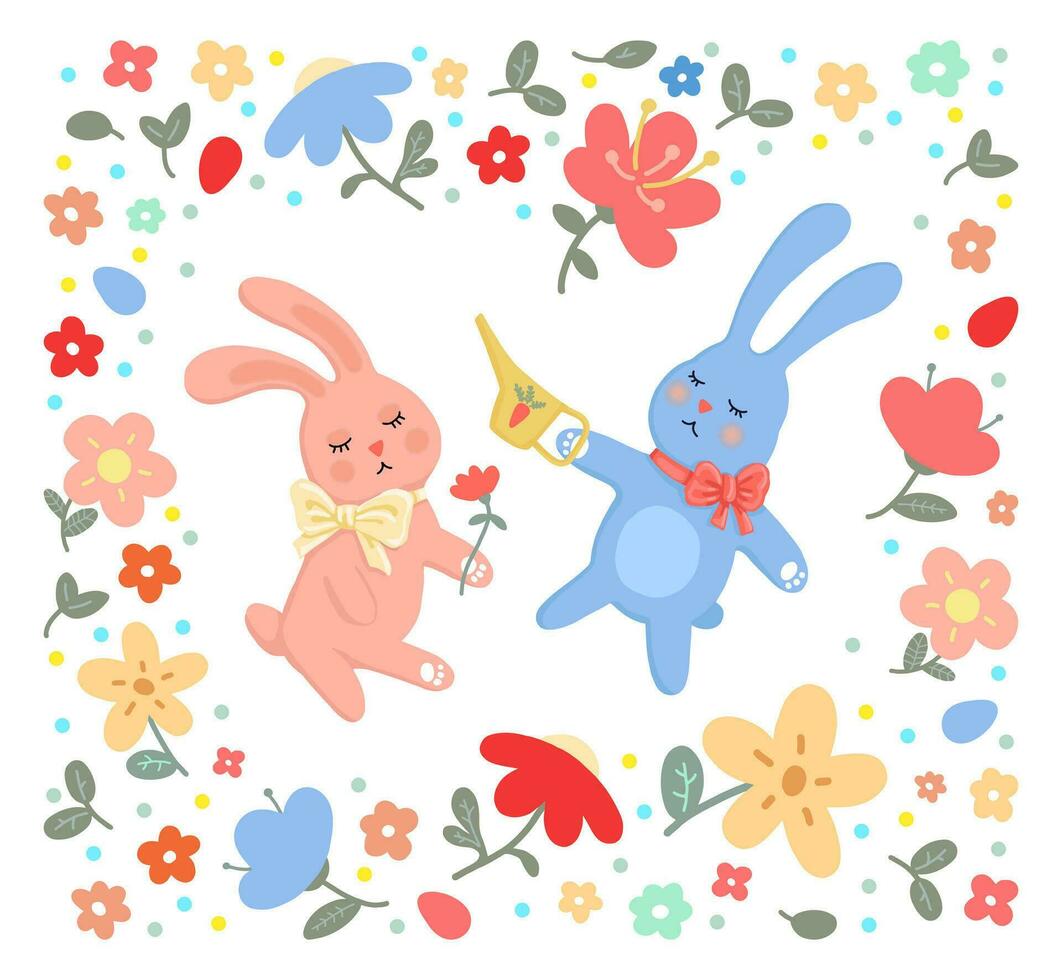 Vektor einstellen von süß Frühling Karikatur Gärtner Hasen, Pflanzen und Blumen. Ostern im das Garten. Sammlung von Sammelalbum Elemente. Baby Stil Illustration
