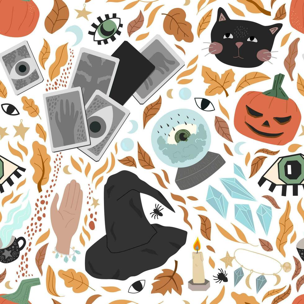 sömlös mönster av söt halloween symboler - svart katt, ögon, häxa hatt, pumpor, Spindel, förmögenhet talande boll, kort, kristaller, höst löv. illustration för omslag papper, bakgrund, wallpape vektor