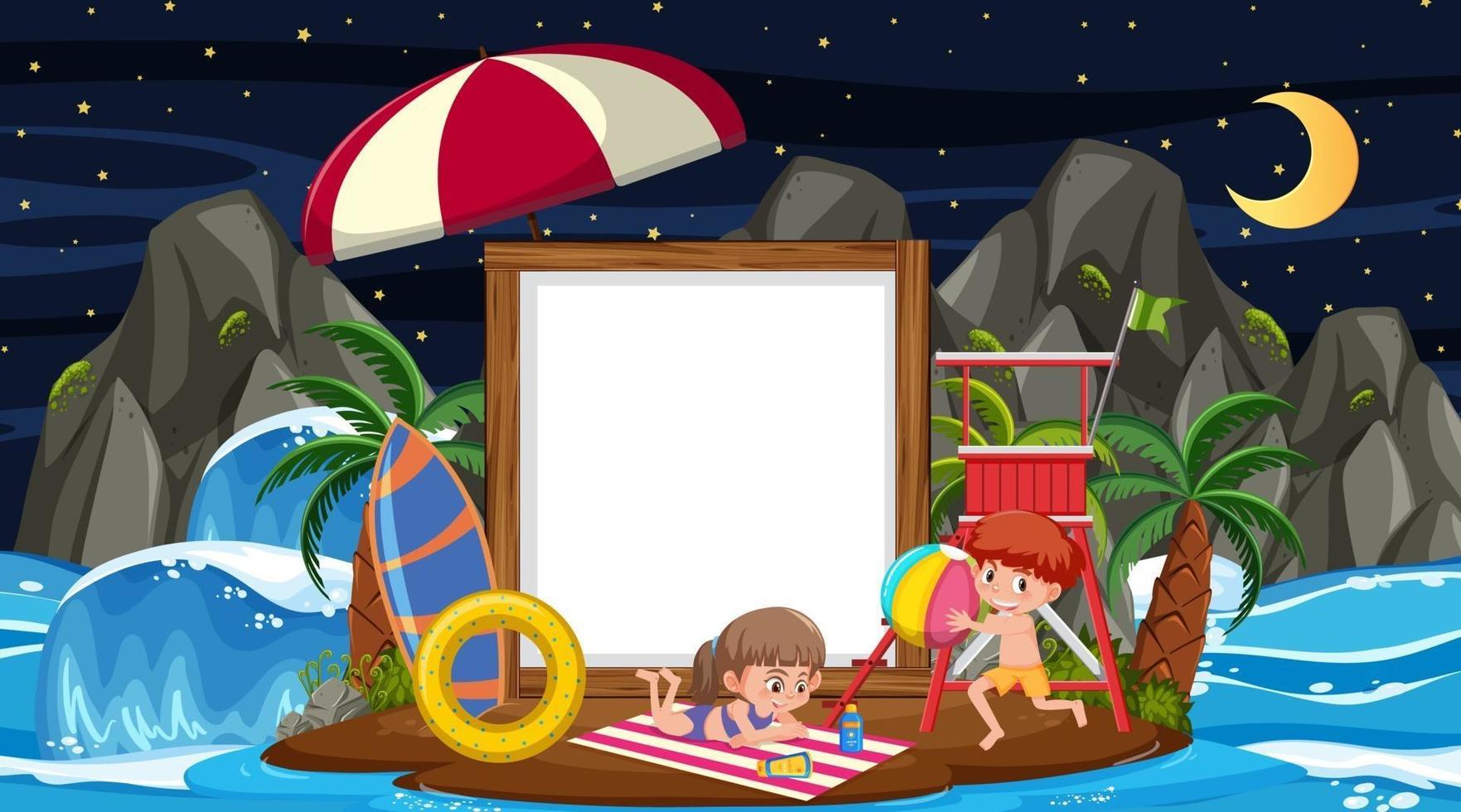 barn på semester på stranden natt scen med en tom banner mall vektor
