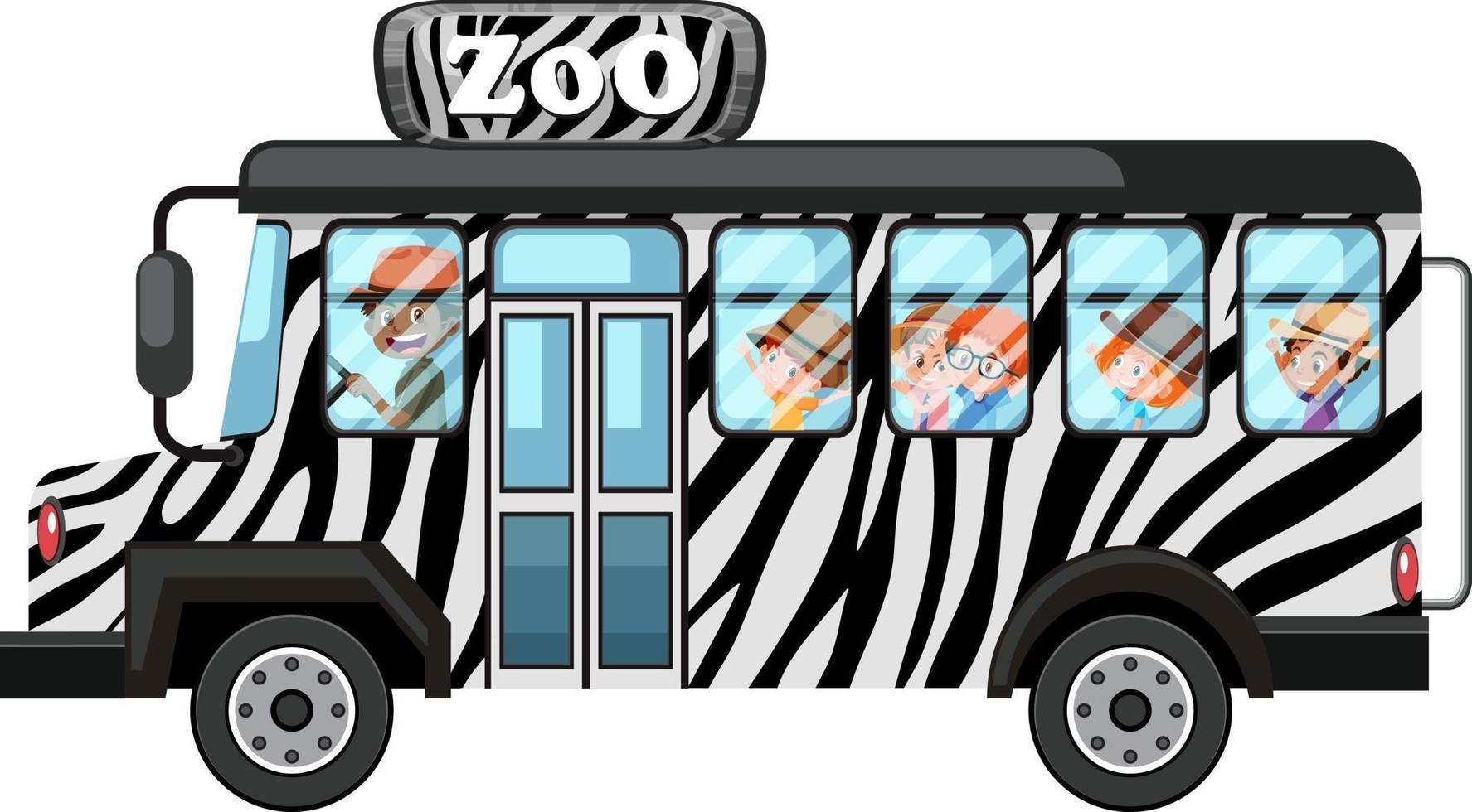 Zoo-Konzept mit Kindern auf Touristenauto lokalisiert auf weißem Hintergrund vektor