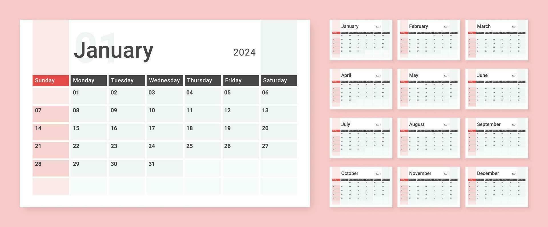 en gång i månaden kalender mall design för 2024 år. vecka börjar på söndag. vägg kalender i en minimalistisk och kreativ stil. vektor