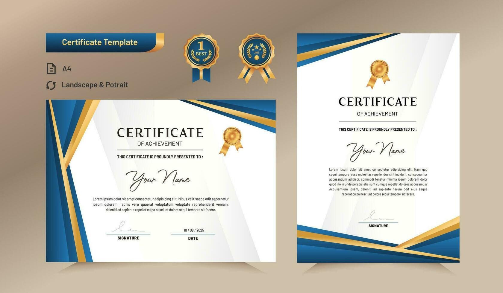 blå och guld certifikat av prestation mall. för tilldela, företag, och utbildning behov. vektor illustration