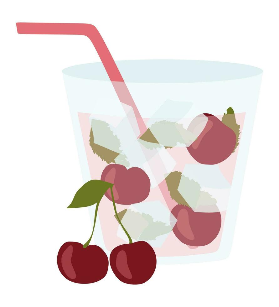 Kirsche Sommer- Limonade. eben Vektor Illustration mit Kirschen, Stroh, Eis Würfel im Glas. erfrischend kalt Obst trinken. Grafik zum Poster, Banner, Flyer, Cocktail Party. frisch und saftig Getränk.