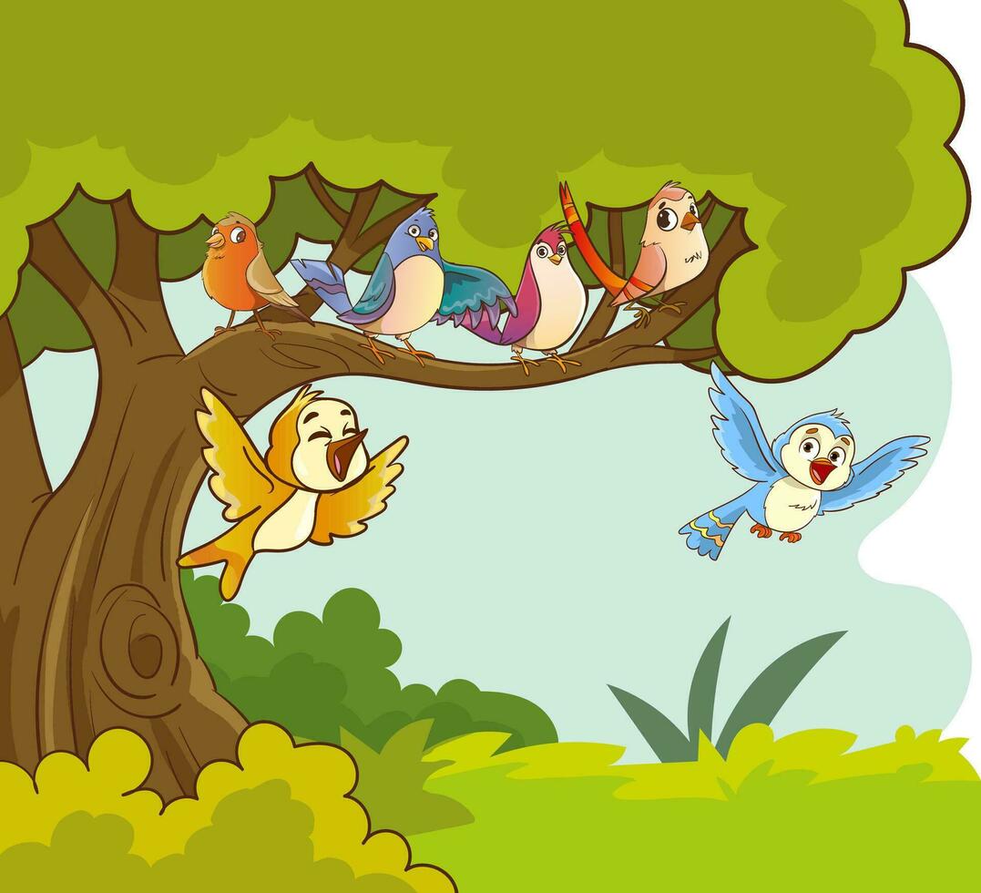 vektor illustration av färgrik fåglar Sammanträde på skön träd