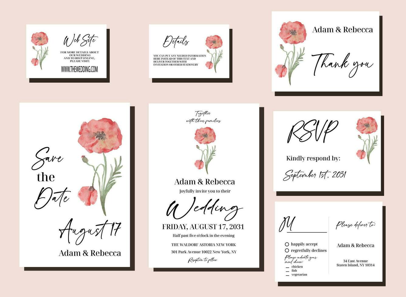 elegant wild Blume rot Mohnblumen Aquarell gemalt Hochzeit Einladung einstellen mit einladen, speichern das Datum, danken Sie Karte, Details und RSVP vektor