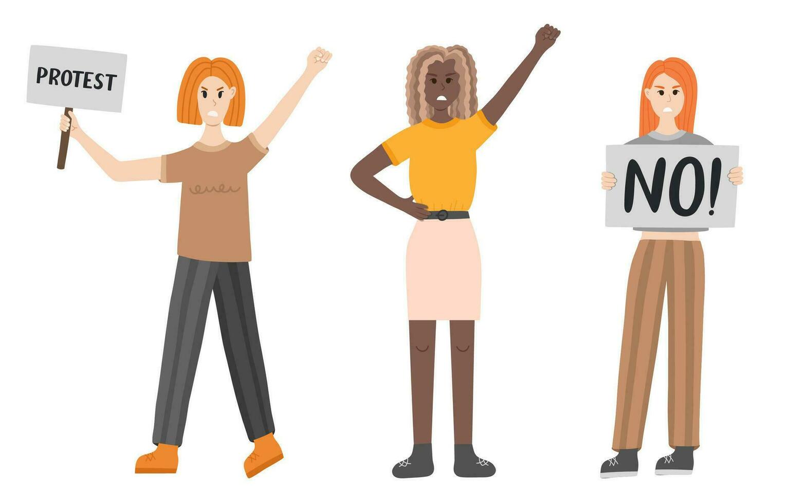 Gruppe von Frauen Protest gegen Geschlecht Gewalt. wütend Mädchen im anders posiert - - halten ein Banner, erziehen Faust hoch. bürgerlich Widerstand. Hand gezeichnet Vektor Karikatur Illustration. weiblich Gemeinschaft, Gleichberechtigung