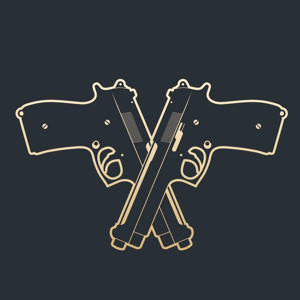 gekreuzt modern Pistolen, zwei halbautomatisch Handfeuerwaffen, Gold Umriss, Vektor Illustration