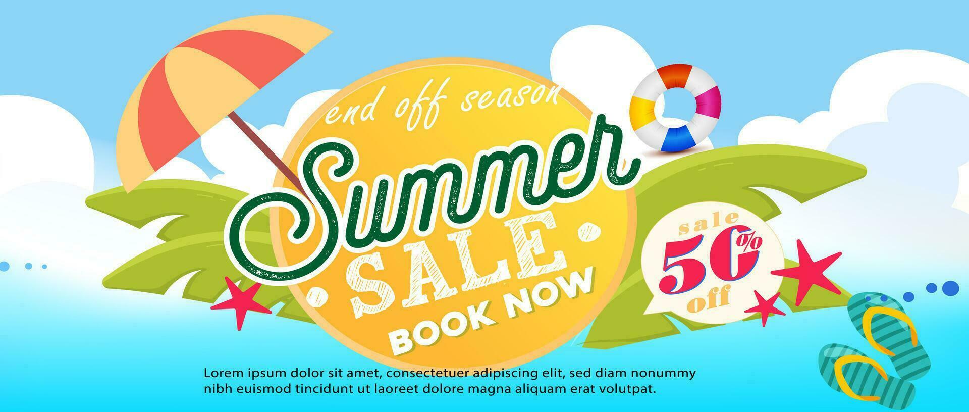 Sommer- Verkauf Banner und Poster Design mit tropisch Strand Hintergrund Vektor. realistisch groß und Super Verkauf Sommer- Ferien Hintergrund Design. vektor