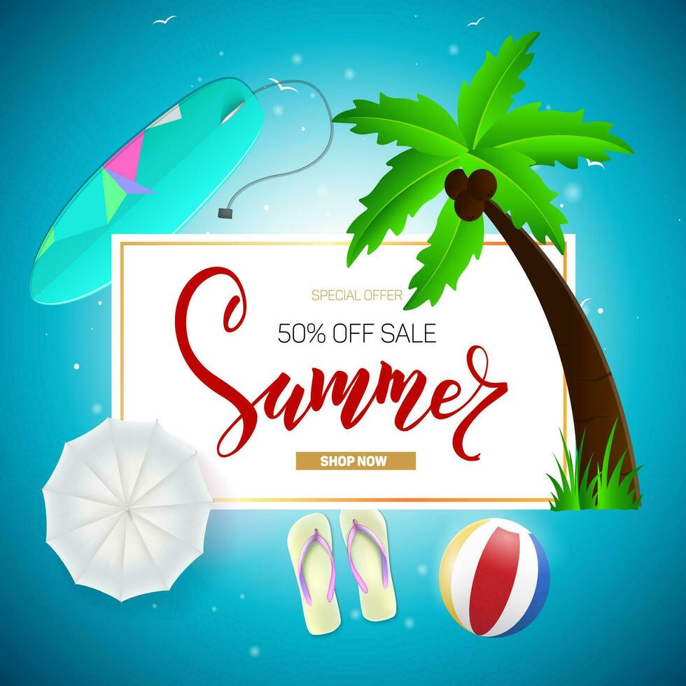 Sommer- Verkauf Banner und Poster Design mit tropisch Strand Hintergrund Vektor. realistisch groß und Super Verkauf Sommer- Ferien Hintergrund Design. vektor