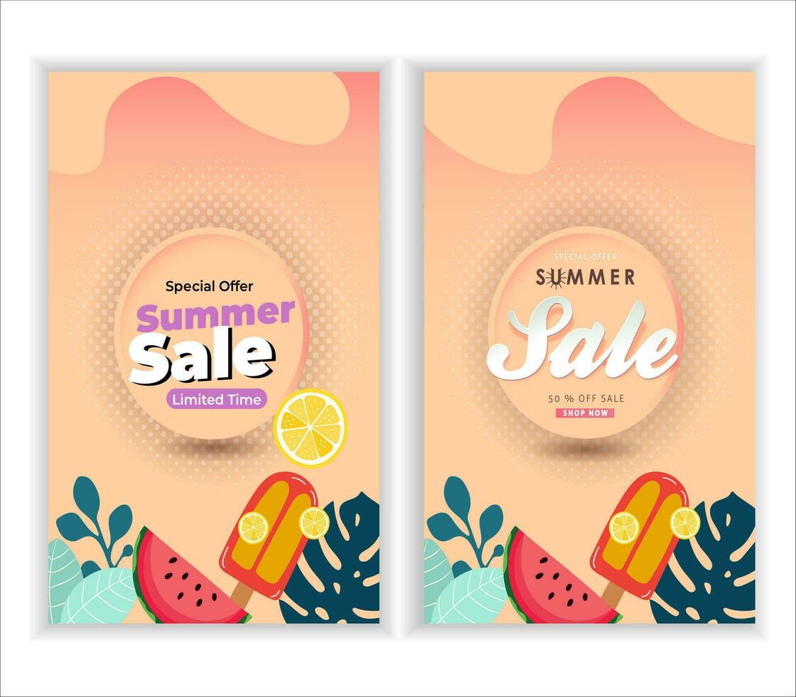 Sommer- Verkauf Banner und Poster Design mit tropisch Strand Hintergrund Vektor. realistisch groß und Super Verkauf Sommer- Ferien Hintergrund Design. vektor